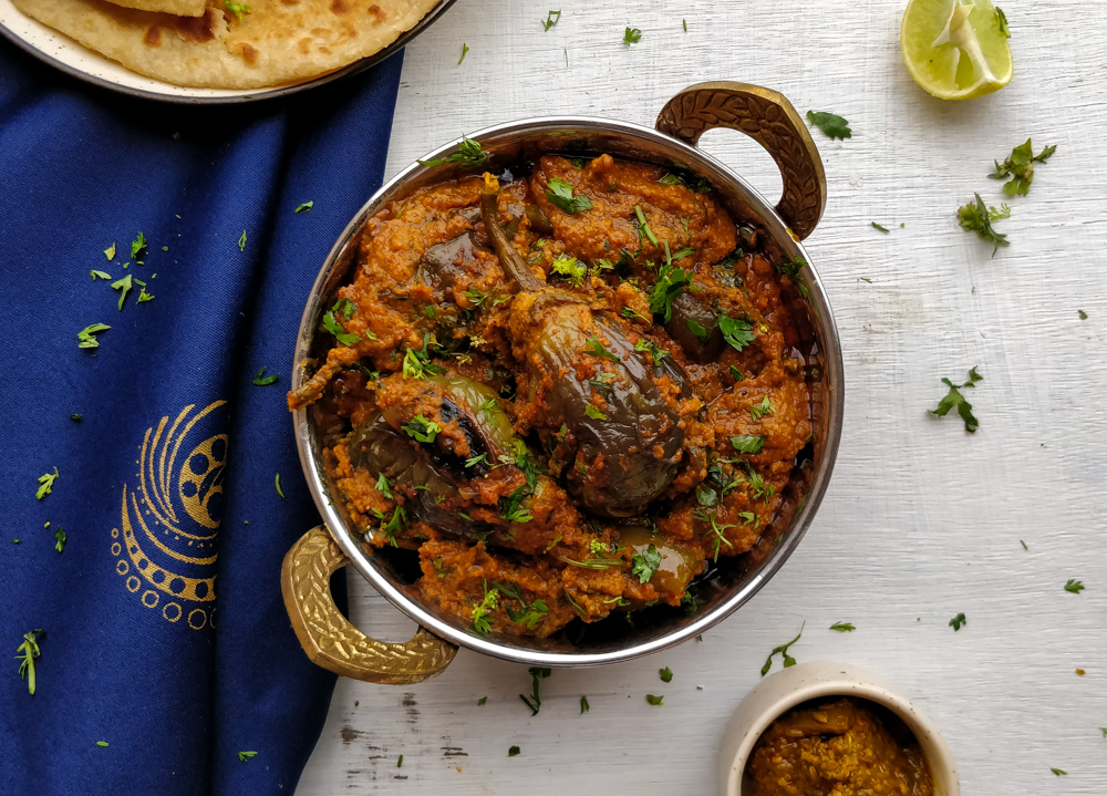 Traditional Bharli Vangi plated alongside steamed rice 
